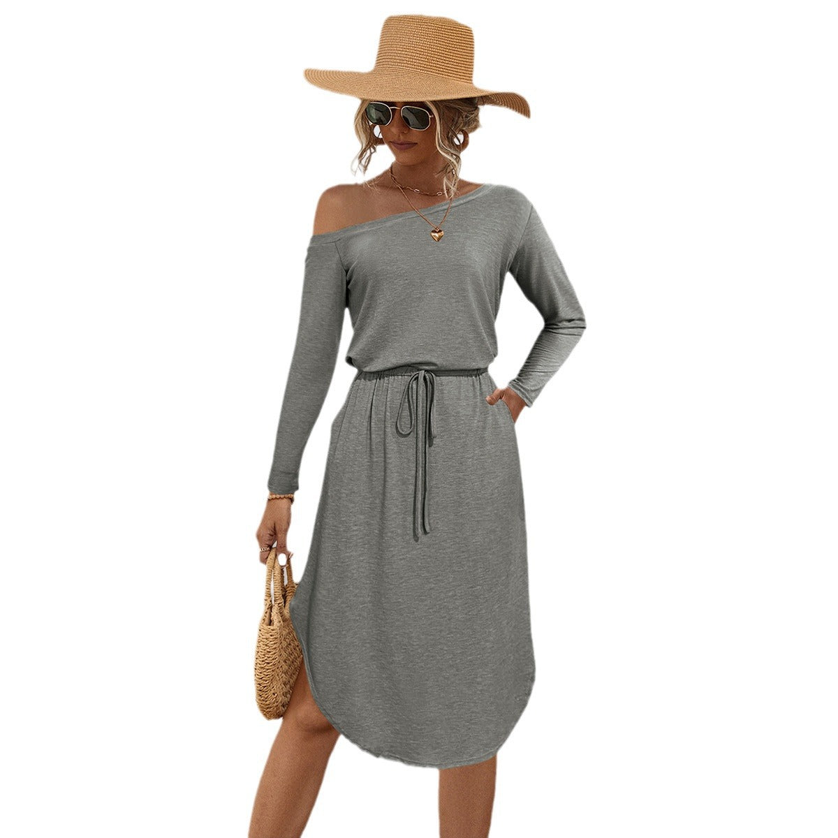 Damen lässiges Off-Shoulder Kleid mit elastischem Bund und langen Ärmeln R&B
