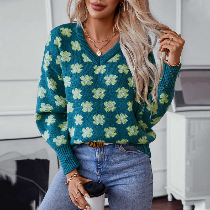 Damen Strickpullover mit floralem Muster und V-Ausschnitt R&B