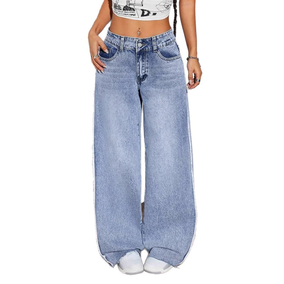 Damen Weite Denim-Jeans mit auffälligem fransigem Saum und hoher Taille R&B
