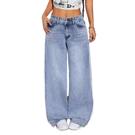Damen Weite Denim-Jeans mit auffälligem fransigem Saum und hoher Taille R&B
