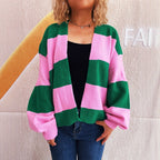 Damen lässige Strickjacke mit breitem Streifenmuster und extra weitem Schnitt R&B