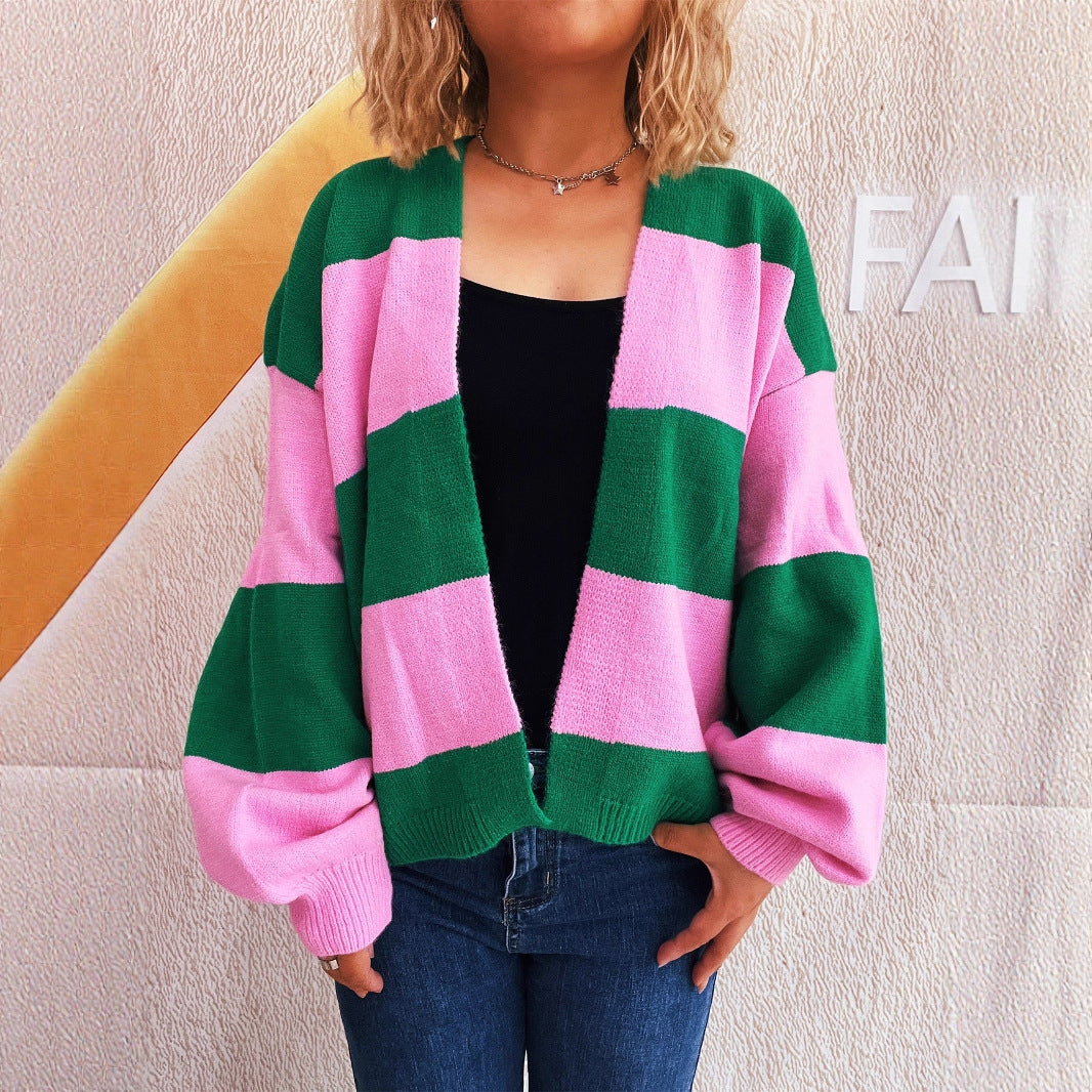 Damen lässige Strickjacke mit breitem Streifenmuster und extra weitem Schnitt R&B