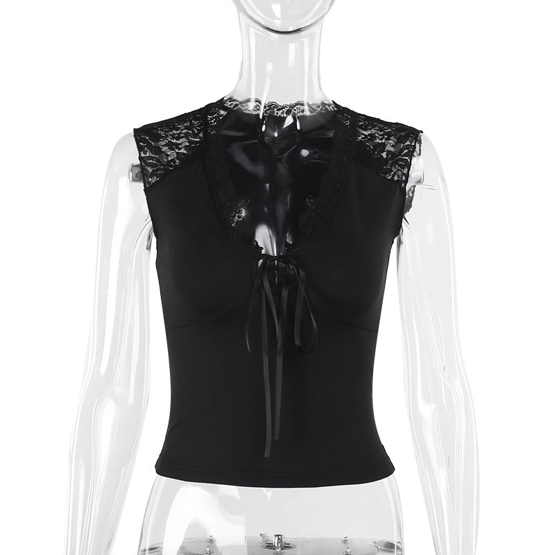Damen Top mit Spitzenbesatz und raffiniertem Bindedetail R&B