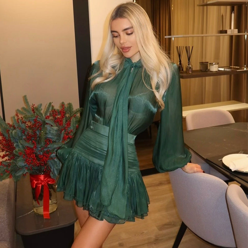 Damen elegantes Chiffon-Kleid mit Rüschendetails und Bindegürtel R&B