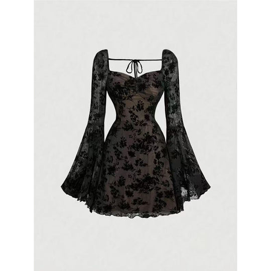 Damen Mini-Kleid mit floralen Spitzenärmeln und verführerischem Ausschnitt R&B