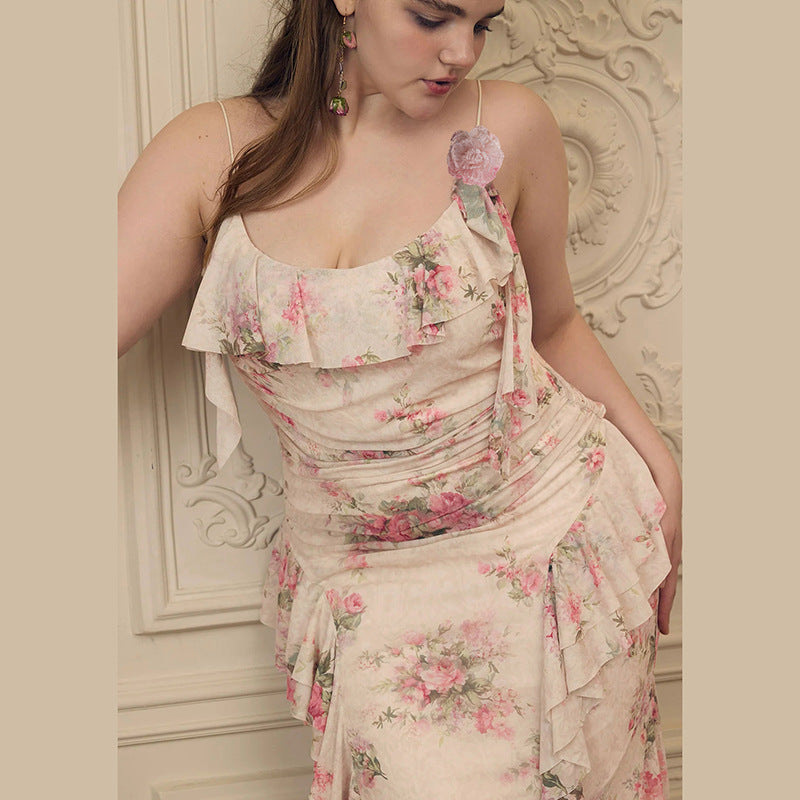 Damen Maxikleid mit floralem Rüschendesign und einem einseitigen Träger R&B