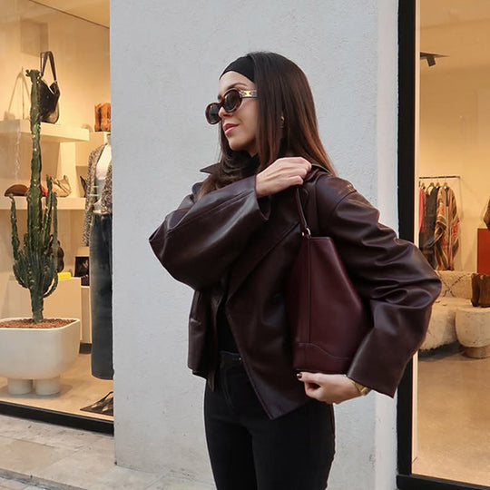 Damen modische Kunstlederjacke mit doppelter Knopfleiste R&B