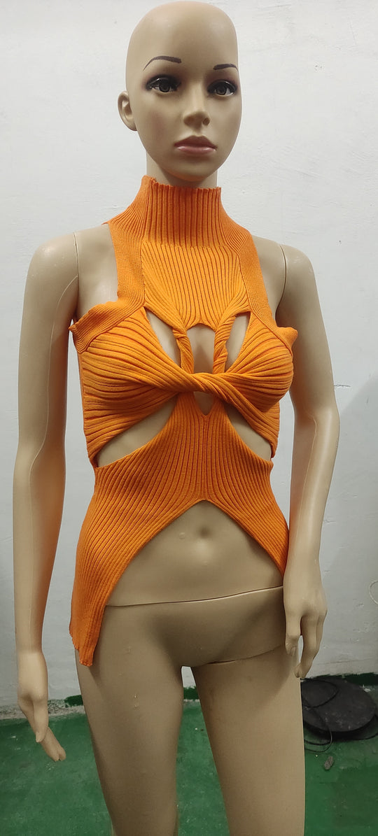 Damen figurbetontes Cut-Out Top mit hohem Kragen R&B