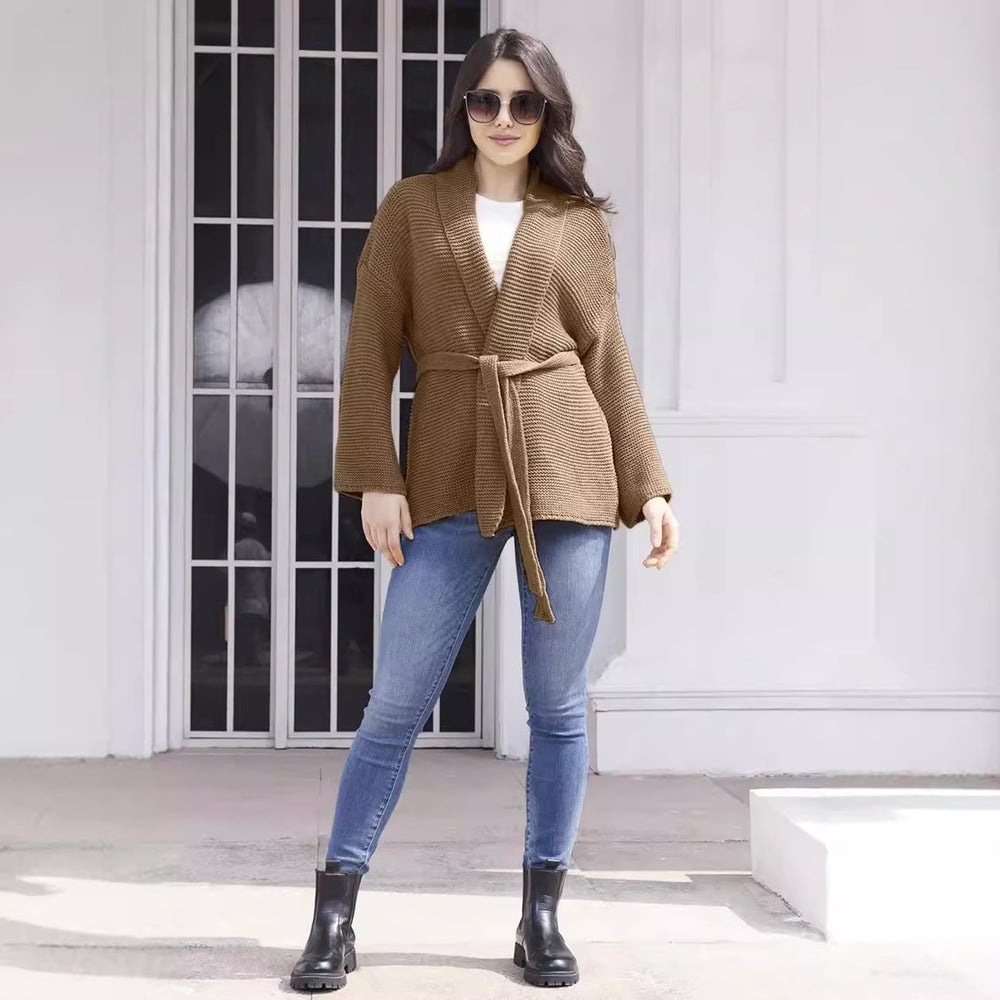 Damen Grobstrick-Cardigan mit Gürtel und weitem Schnitt R&B