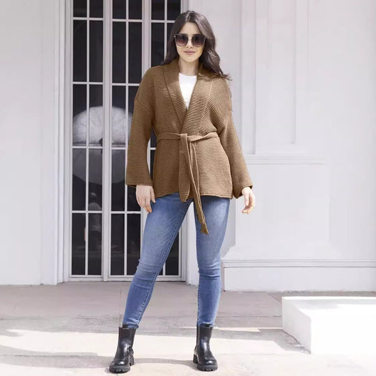 Damen Grobstrick-Cardigan mit Gürtel und weitem Schnitt R&B