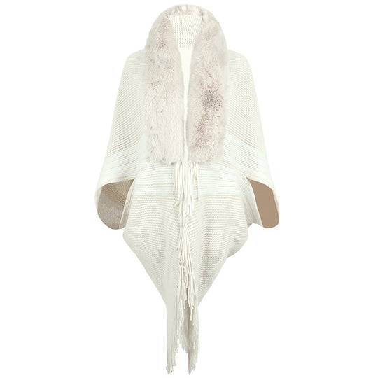 Damen eleganter Strickponcho mit kunstfellbesetztem Kragen und Fransen R&B