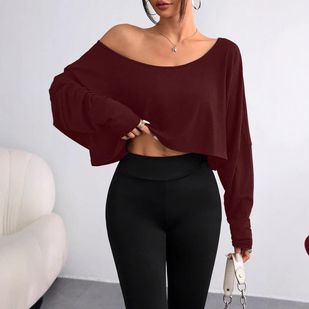 Damen lässiges Oversized Langarm-Shirt mit asymmetrischem Saum und U-Boot-Ausschnitt R&B
