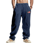 Herren nan lockere Baumwoll-Leinen Freizeithose mit elastischem Bund Kordelzug und dezenter Flaggen-Applikation R&B