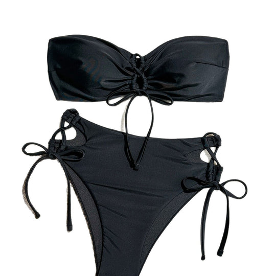 Damen hochgeschnittener Bandeau-Bikini mit eleganten Raffungselementen R&B
