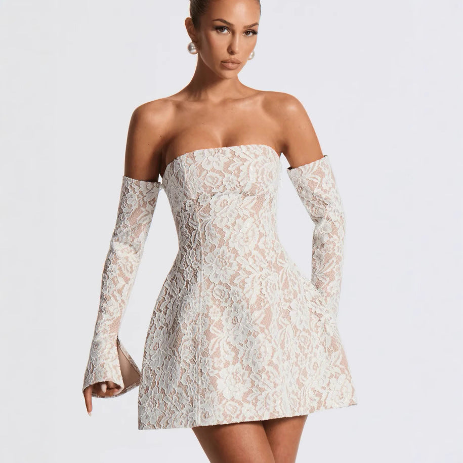 Damen Elegantes Spitzenkleid mit schulterfreiem Design und langen Ärmel-Details R&B