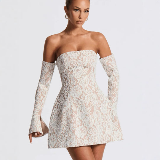 Damen Elegantes Spitzenkleid mit schulterfreiem Design und langen Ärmel-Details R&B