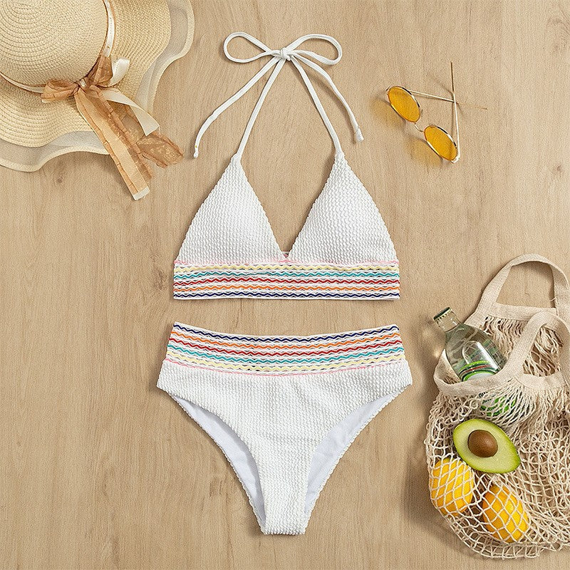 Damen Triangel-Bikini mit hoch geschnittenem Unterteil und buntem Wickelband R&B