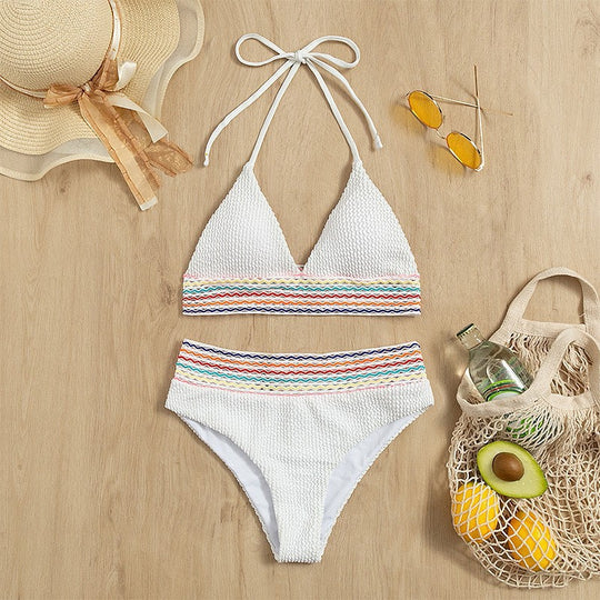Damen Triangel-Bikini mit hoch geschnittenem Unterteil und buntem Wickelband R&B