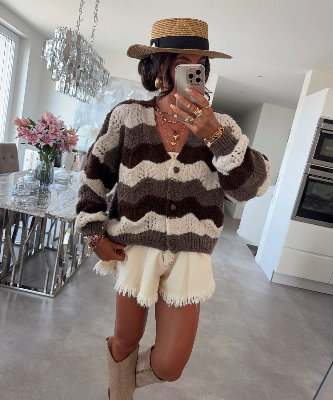 Damen gemütlicher Strickcardigan mit Wellenmuster R&B