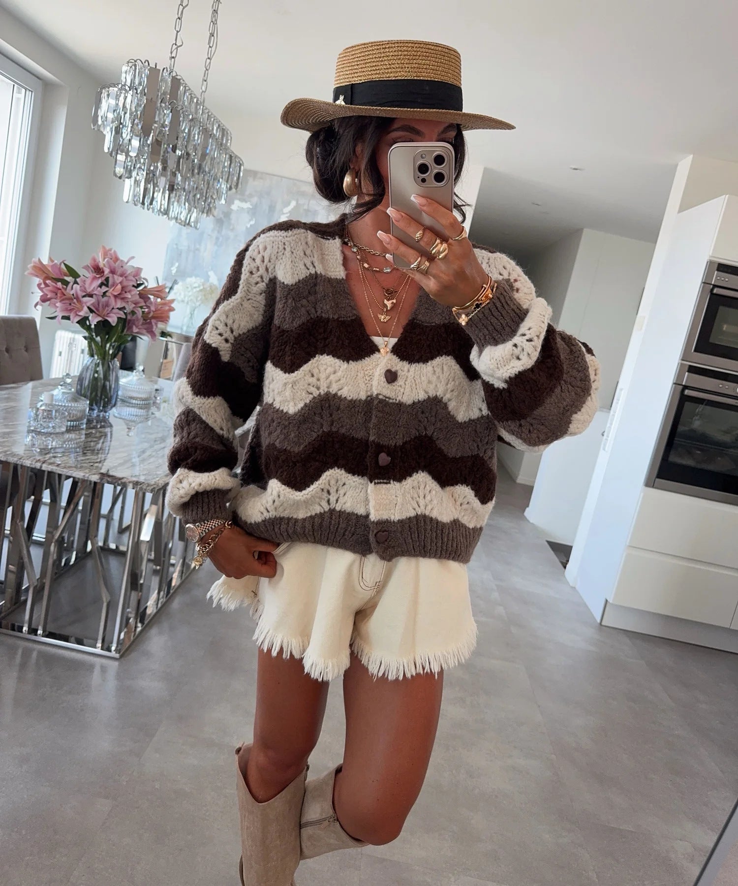 Damen gemütlicher Strickcardigan mit Wellenmuster R&B