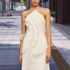 Damen Elegantes Wickelkleid mit fließendem Faltenrock und asymmetrischen Rüschendetails EB
