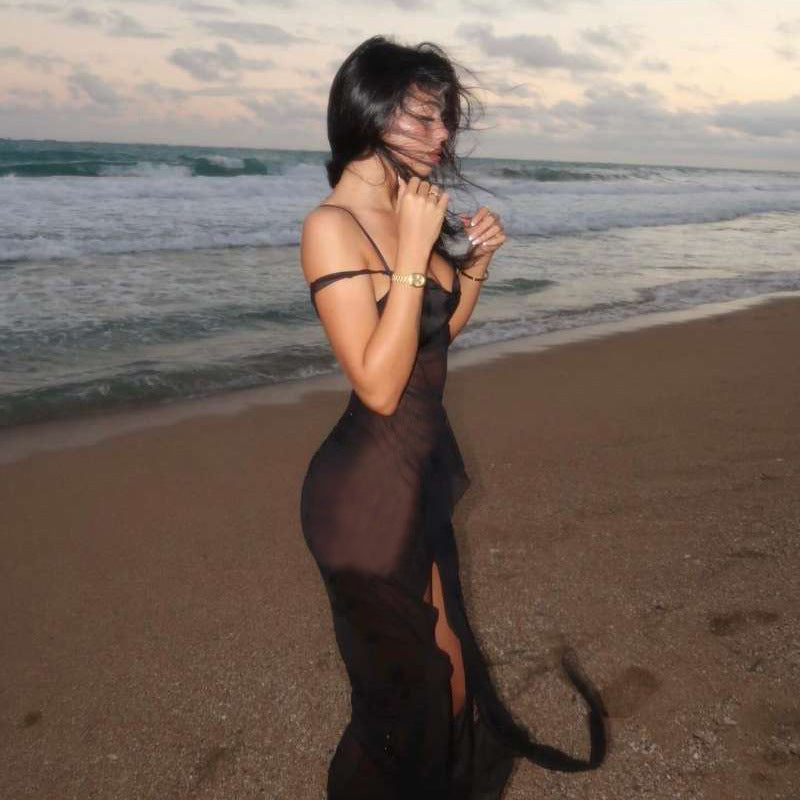 Damen transparenter Maxi-Strandanzug mit asymmetrischem Schnitt und Rüschen R&B