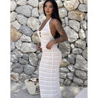 Damen Häkel-Maxikleid mit modischen Cut-Outs und lockerer Passform R&B