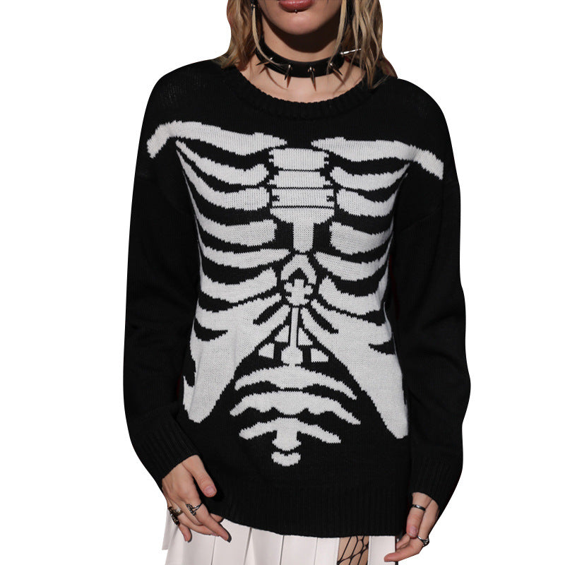 Damen Pullover mit auffälligem Skelettmotiv und lässigem Schnitt R&B