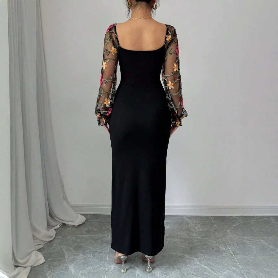 Damen Elegantes Maxikleid mit floralen Spitzenärmeln und figurbetontem Schnitt R&B