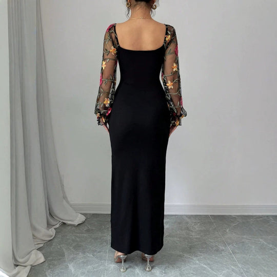 Damen Elegantes Maxikleid mit floralen Spitzenärmeln und figurbetontem Schnitt R&B