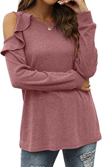 Damen Elegantes Langarmoberteil mit Rüschendetails und Kalt-Schulter Design R&B