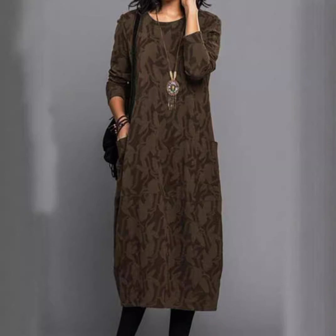 Damen Casual Kleid mit modernen Blätter-Druck und praktischen Taschen Heidi-Mode