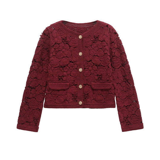 Damen Strickjacke Aus Feiner Spitze mit Dekorativen Knopfdetails und Eleganter Silhouette R&B