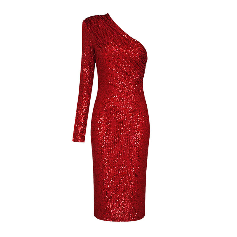 Damen Glitzerndes Etuikleid mit asymmetrischem Ausschnitt und langem Arm R&B