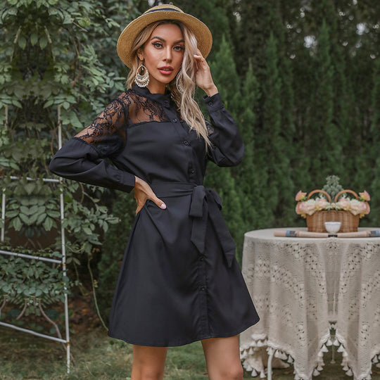 Damen Elegantes Hemdblusenkleid mit Spitzenärmeln und taillierbarem Gürtel R&B
