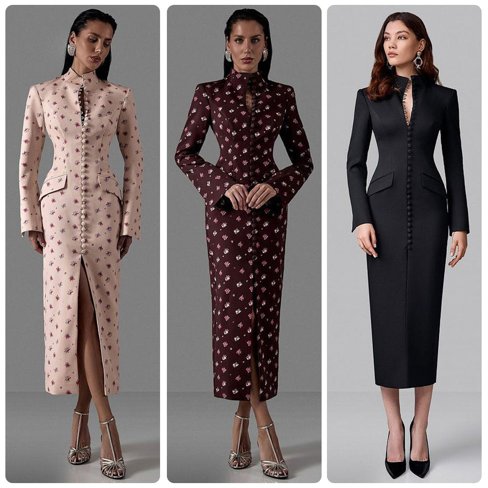 Damen Elegantes Langarmkleid mit floralem Muster und hochgeschlossenem Kragen R&B
