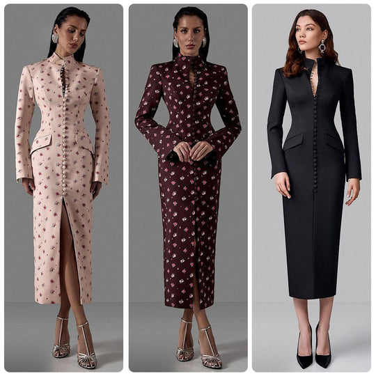 Damen Elegantes Langarmkleid mit floralem Muster und hochgeschlossenem Kragen R&B