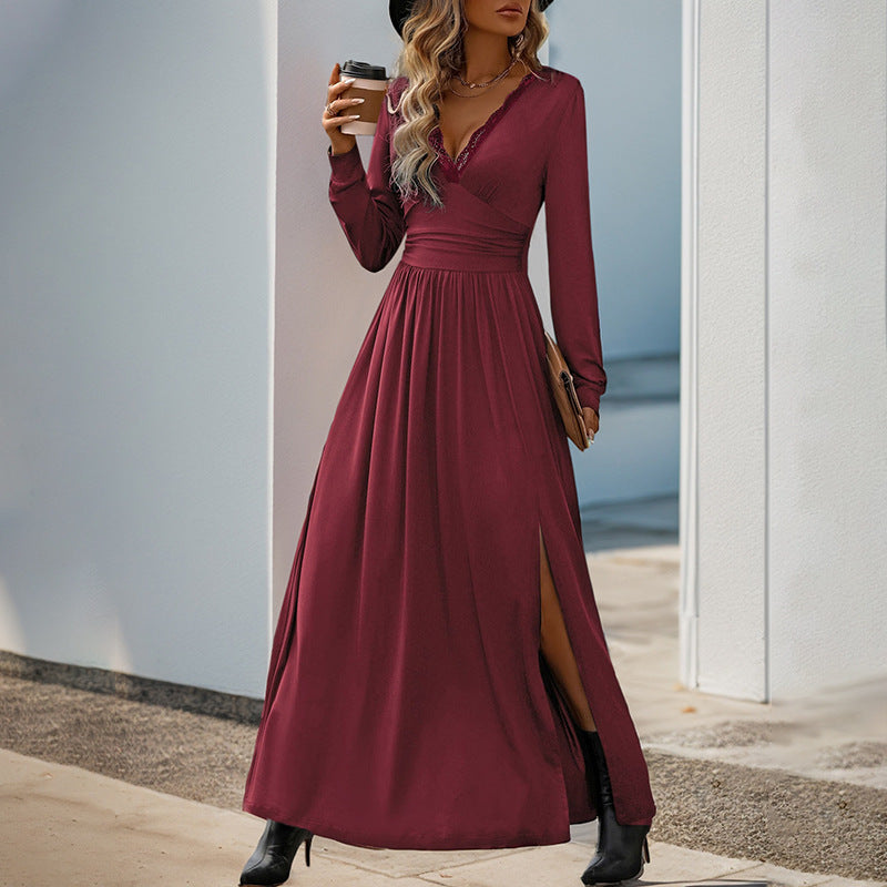 Damen Maxikleid mit tiefem V-Ausschnitt und eleganter Raffung R&B