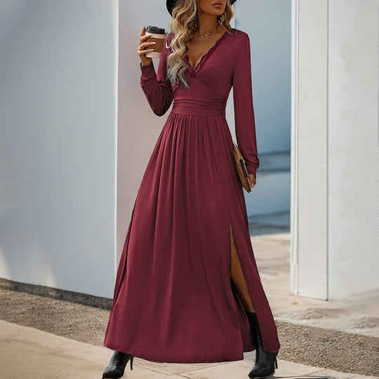 Damen Maxikleid mit tiefem V-Ausschnitt und eleganter Raffung R&B