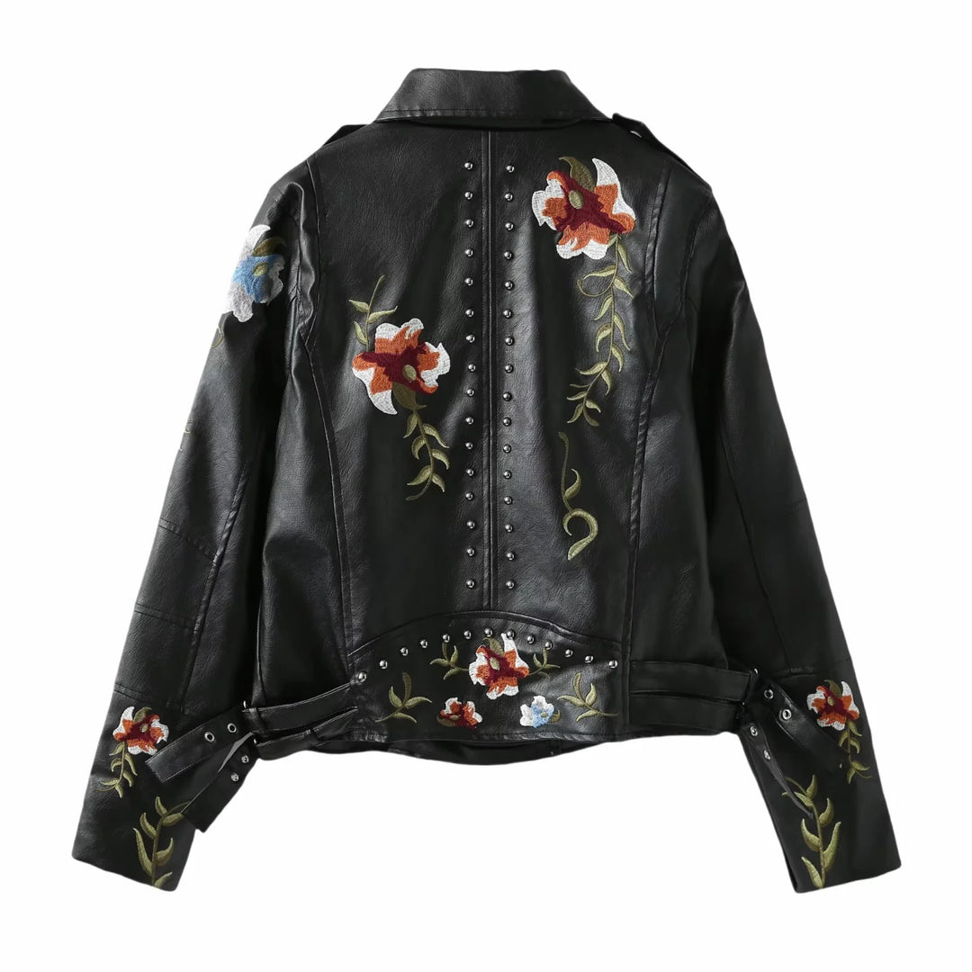 Damen kunstleder Bikerjacke mit floralem Stickdesign und Nietenverzierungen R&B