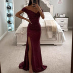 Damen Glamouröses Abendkleid mit schulterfreiem Schnitt und schimmerndem Stoff R&B