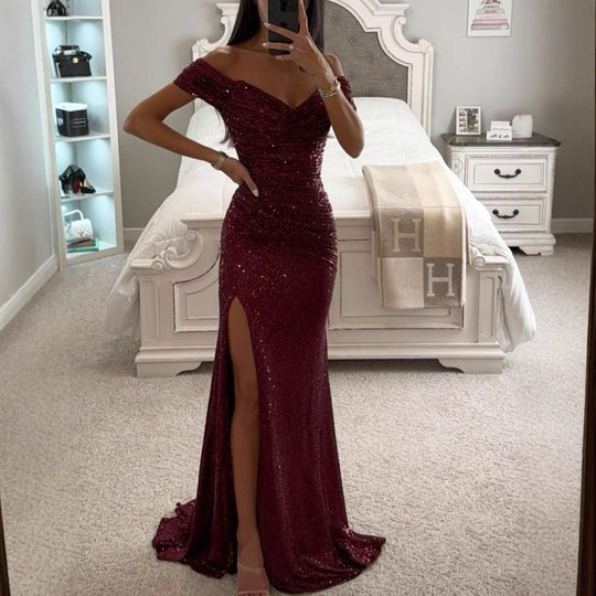 Damen Glamouröses Abendkleid mit schulterfreiem Schnitt und schimmerndem Stoff R&B