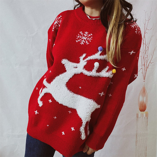 Damen festlicher Pullover mit kreativem Rentier-Motiv und strukturiertem Strick R&B