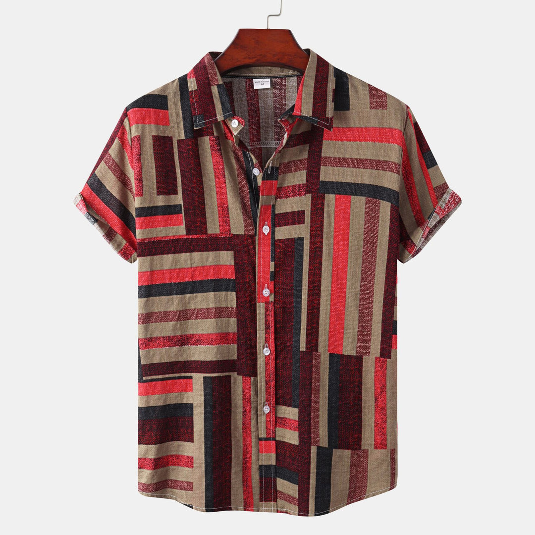 Herren Kurzarmhemd mit kreativem Patchwork-Muster und lockerer Passform R&B