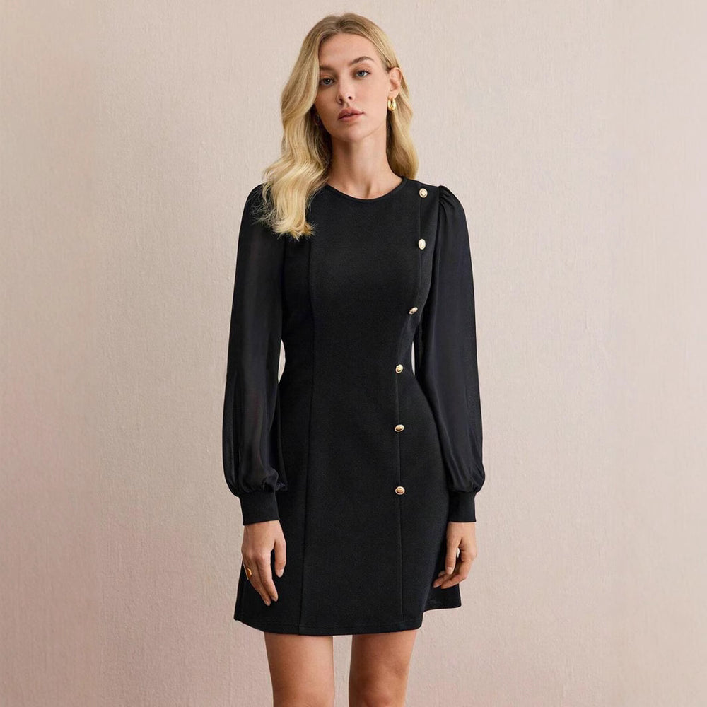 Damen elegantes Minikleid mit Puffärmeln und dekorativen Knopfdetails R&B
