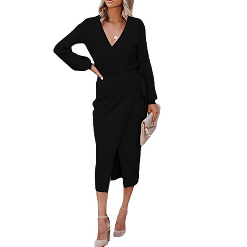 Damen elegantes Wickelkleid mit langem Arm und schickem V-Ausschnitt R&B