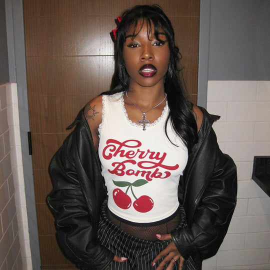 Damen lässiges Crop-Top mit charmantem Spitzenrand und fröhlichem Print R&B
