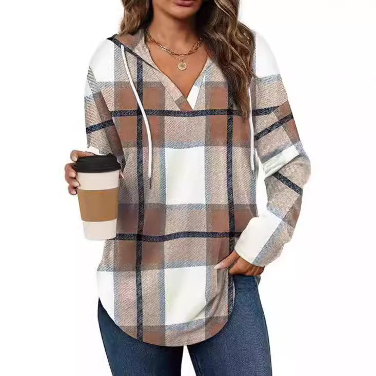 Damen lässige Karobluse mit Kapuze R&B