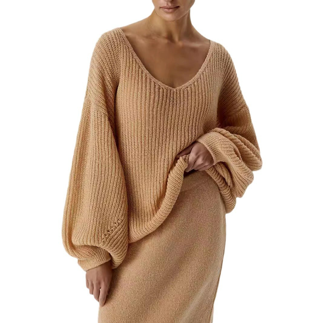 Damen lässiger Strickpullover mit weiten Ärmeln und tiefem V-Ausschnitt R&B