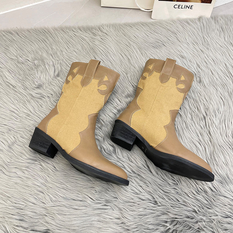 Damen Stiefeletten im Cowboy-Stil mit einzigartigem Design und kompaktem Absatz R&B